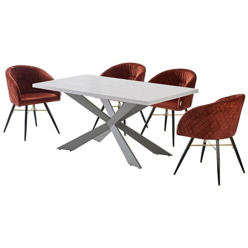 EVA - Ensemble Table à Manger 4 à 6 Personnes Blanche + 4 Chaises en Velours Terracota - Style Contemporain - Terracota