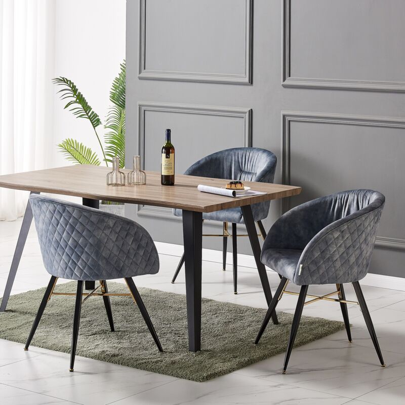 Life Interiors - EVA - Ensemble Table à Manger 4 à 6 Personnes Décor Noyer + 4 Chaises en Velours Gris - Style Scandinave - Gris