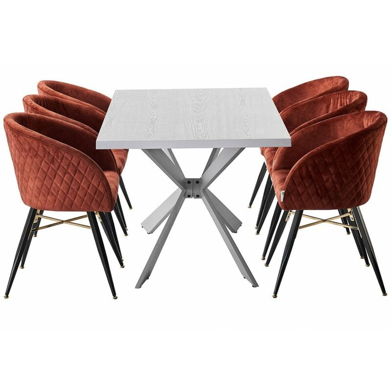 Life Interiors - EVA - Table à Manger Rectangulaire 4 à 6 Personnes Blanche + 6 Chaises en Velours Terracota - Style Contemporain - Terracota