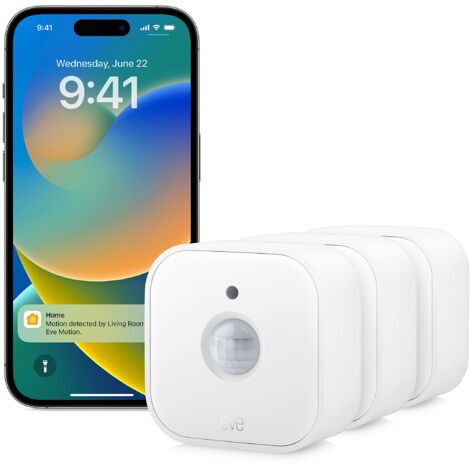 Eve Motion (Matter) set di 3 - Sensore intelligente di movimento e luce, per interni ed esterni, compatibile con Apple HomeKit, Alexa, Google Home, SmartThings, richiede un Thread Border Router