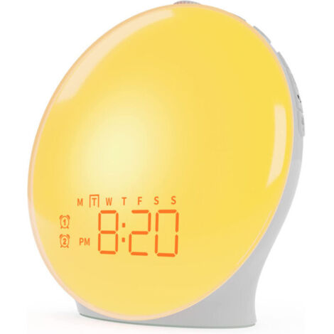 Eveil Lumière LED Radio Réveil Matin Lumineux Lampe de Chevet 20 Niveaux de Luminosité Simulateur d'Aube et Crépuscule 2 Réveils 7 Sons Naturels Fonction Snooze Veilleuse Enfant 18 Couleurs (Jaune)