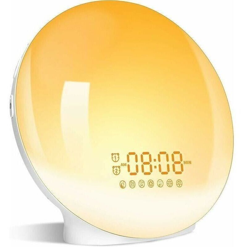 Eveil Lumière LED Radio Réveil Matin Lumineux Lampe de Chevet 20 Niveaux de Luminosité Simulateur d'Aube et Crépuscule 2 Réveils 7 Sons Naturels