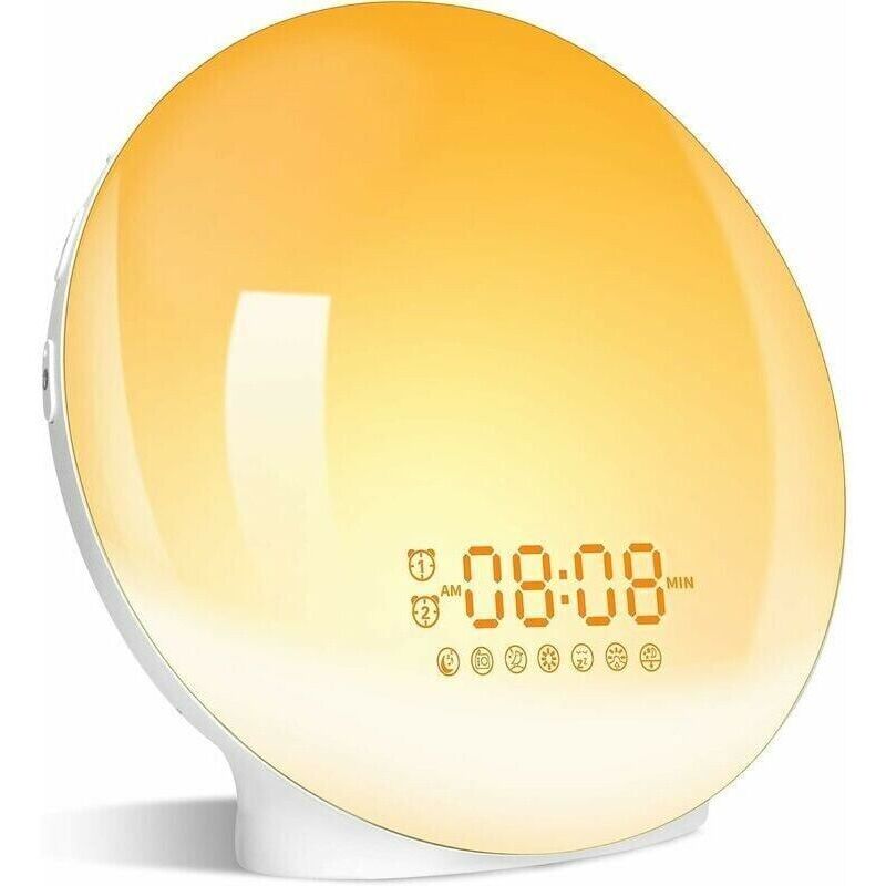 Eveil Lumière LED Radio Réveil Matin Lumineux Lampe de Chevet 20 Niveaux de Luminosité Simulateur d'Aube et Crépuscule 2 Réveils 7 Sons Naturels