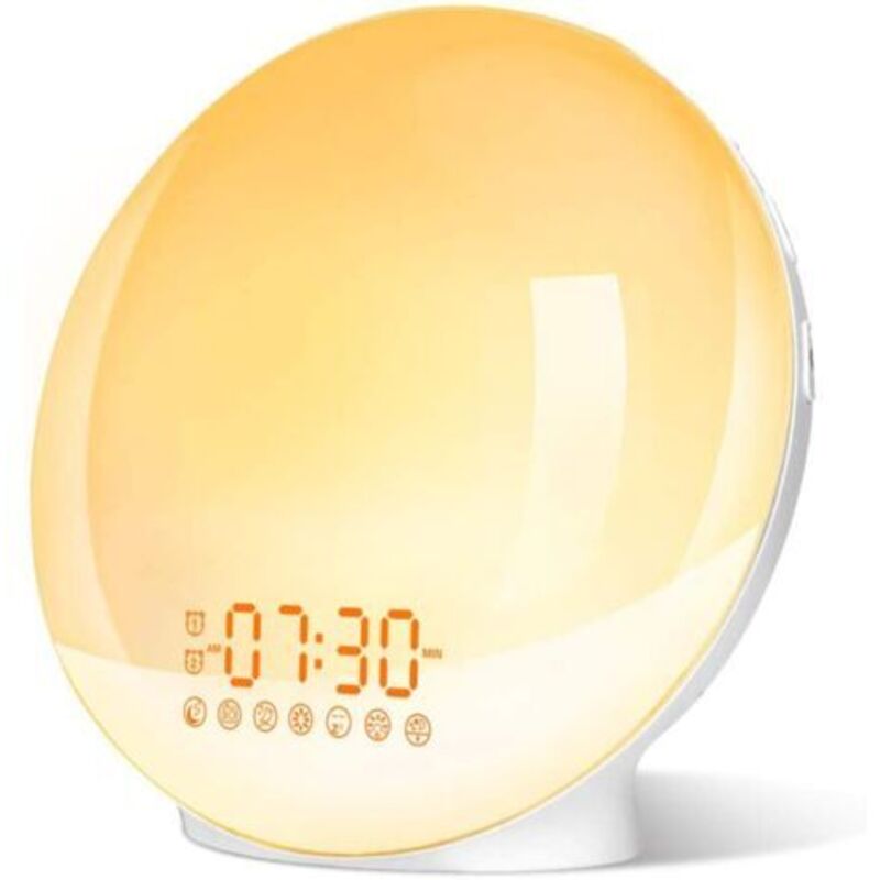 Eveil Lumière led Radio Réveil Matin Lumineux Lampe de Chevet 20 Niveaux de Luminosité Simulateur d'Aube et Crépuscule 2 Réveils 7 Sons Naturels