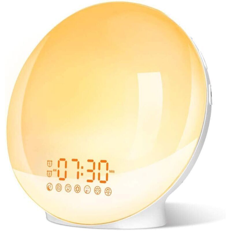 Eveil Lumière LED Radio Réveil Matin Lumineux Lampe de Chevet 20 Niveaux de Luminosité Simulateur d'Aube et Crépuscule 2 Réveils 7 Sons Naturels