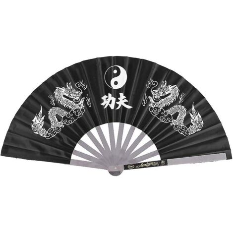 Éventail de Tai Chi, éventail de Kung Fu chinois, éventail d'entraînement et de pratique de la danse Kung Fu en acier inoxydable, éventail pliant portatif en nylon (noir)