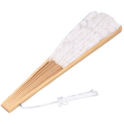 Éventail pliant en dentelle ajourée avec structure en bambou vintage et pompon, idéal pour spectacle, décoration vestimentaire ou cadeau - Blanc