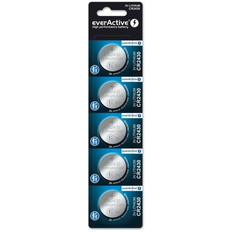 everActive CR2430, 3 V, 5 Pilas de botón de Litio, batería más Potente, 10 años de Vida útil, 5 Unidades -1 blíster