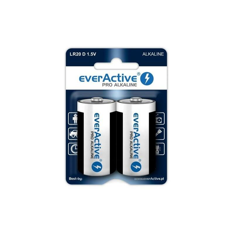 

everActive D - Pack de 2 Pilas alcalinas Pro Mono LR20 R20 1.5V, máxima Potencia, 10 años de Durabilidad, 2 Unidades - 1 blíster