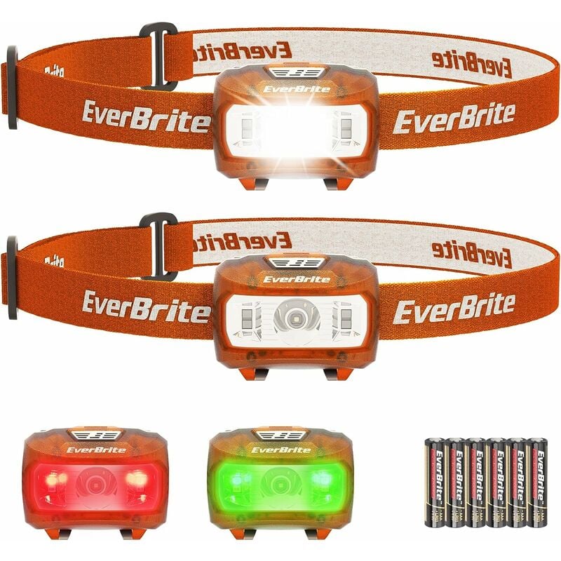 Everbrite - Lampe Frontale avec 3 Lumières Blanche, Rouge et Verte, 300 lm, 5 Modes d'Eclairage, Torche Frontale Réglable pour Pêche, Camping,