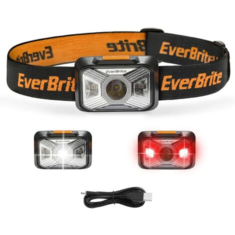 EverBrite Lampe Frontale Rechargeable par USB avec Lumière Blanche et Rouge, 4 Modes d'Eclairage Réglable 200 LM, Torche Frontale Rechargeable pour Pêche, Camping, Lecture, Randonnée