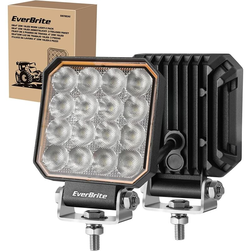 Everbrite - Lot de 2 Phares de Travail led 12V/24V, 6000K Projecteur led Voiture 25W, Etanche IP66, Feux de Travail led pour suv, Voiture, Moto,