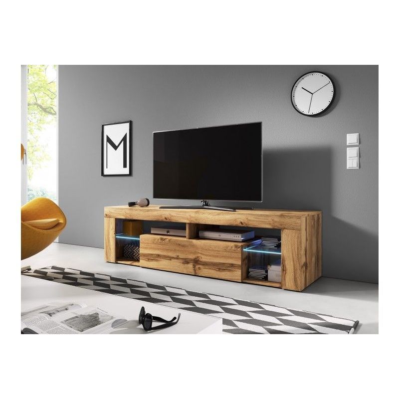 EVEREST - Meuble TV avec LED style moderne salon séjour - 140x50.5x33cm - Meuble de télévision avec rangements - Mat+Gloss - Chêne