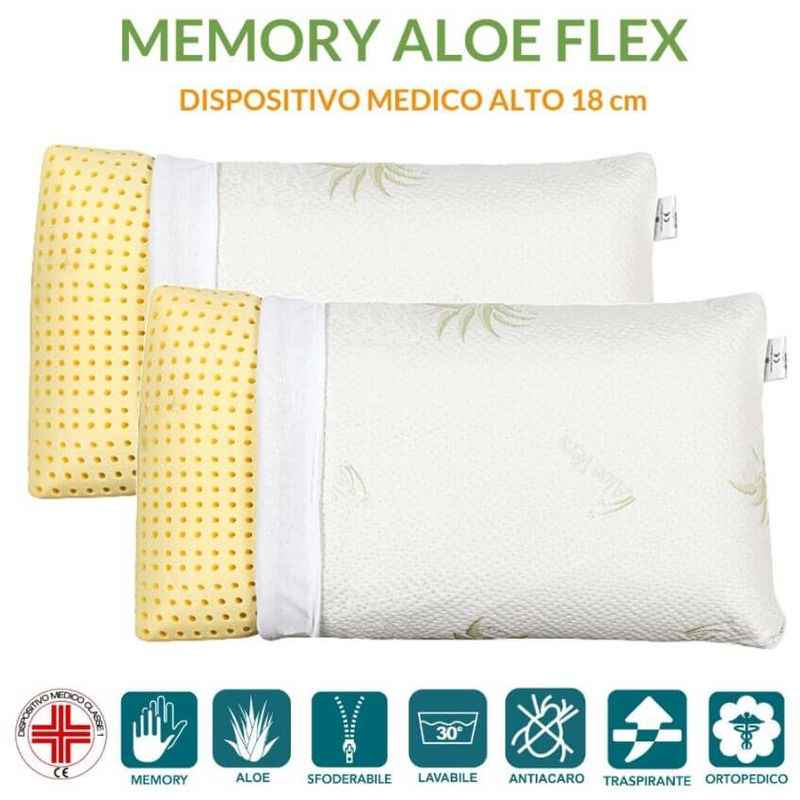 Evergreenweb - Coppia Cuscini Letto 40x70 alti 18 cm con tessuto aloe vera Sfoderabili, Imbottitura 100% memory foam, 2 Guanciali antirussamento