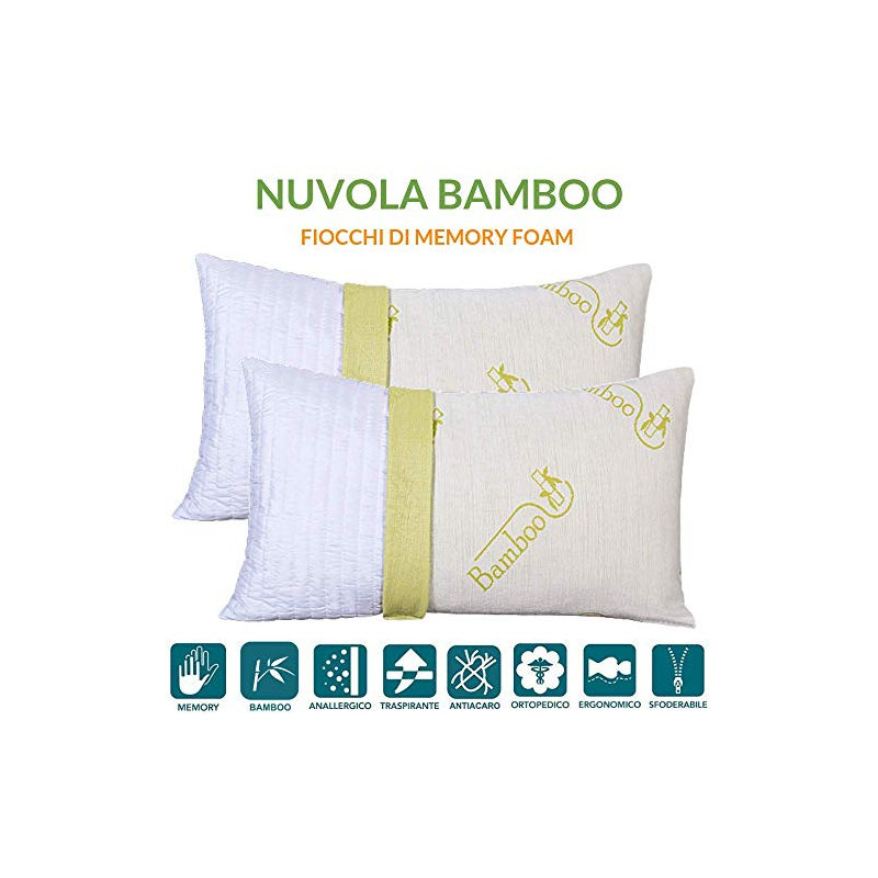 Evergreenweb - Cuscino Fiocco di Memory Foam con Fodera fibra di bamboo 42x72 Alto 15 cm Modello Saponetta Adatto per Dolori Cervicali, Federa