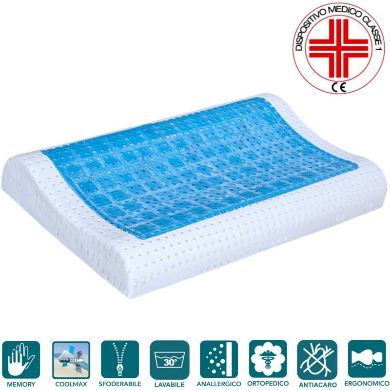 Evergreenweb Materassi&beds - evergreenweb - Cuscino Memory Foam con gel forato Traspirante Anallergico Doppia Onda Ortocervicale 2 Fodere coolmax© e