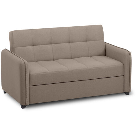 EVERGREENWEB - Divano Letto 2 posti Tortora con letto estraibile e spalliera reclinabile, Divano di design Moderno con zampe in legno e cuscini in OMAGGIO, Braccioli Slim, Materasso 140x190 | ODETTE