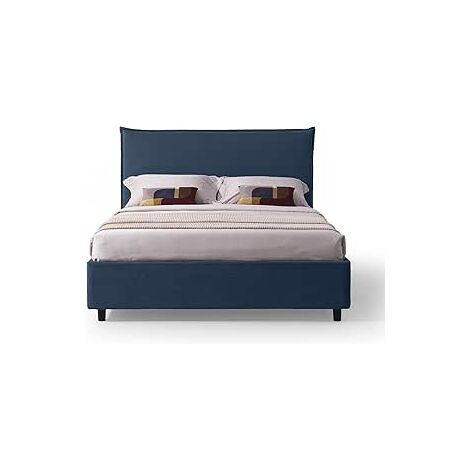 EVERGREENWEB Letto Matrimoniale con CONTENITORE 160x190 cm, Testiera in Tessuto Blu Imbottita, Design Moderno, DELHI
