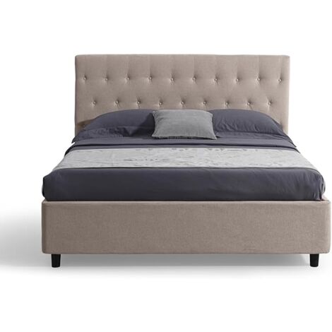 EVERGREENWEB Letto Matrimoniale con CONTENITORE, Testiera in Tessuto Beige Imbottita, Rete a Doghe in Legno 160x190cm VENEZIA