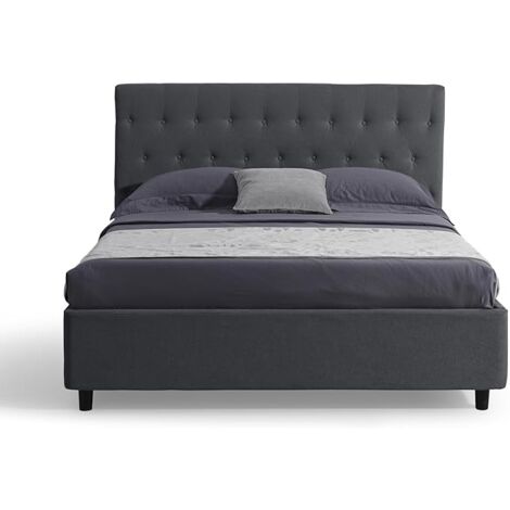 EVERGREENWEB Letto Matrimoniale con CONTENITORE, Testiera in Tessuto Grigio Scuro Imbottita, Rete a Doghe in Legno 160x190cm VENEZIA