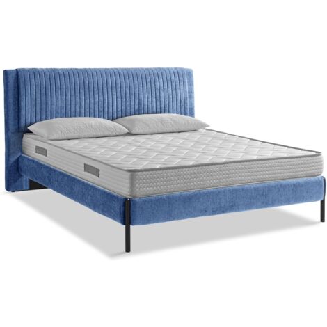 EVERGREENWEB - Letto Matrimoniale con Materasso Waterfoam + 2 Cuscini GRATIS, Rete a Doghe in Legno 160x195 cm, Elegante Testiera Imbottita a Strisce in Velluto Blu, MIAMI