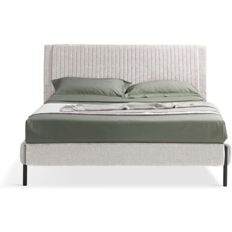EVERGREENWEB - Letto Matrimoniale con Rete a 26 Doghe in Legno 160x195 cm, Elegante Testiera Imbottita a Strisce in Tessuto Velluto Beige - Modello MIAMI