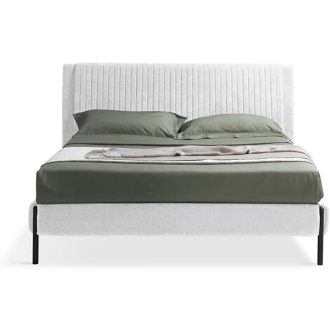 EVERGREENWEB - Letto Matrimoniale con Rete a 26 Doghe in Legno 160x195 cm, Elegante Testiera Imbottita a Strisce in Tessuto Velluto Bianco - Modello MIAMI