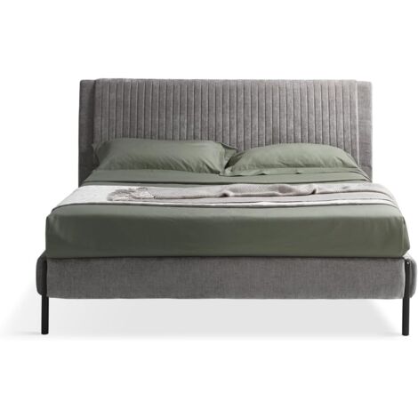 EVERGREENWEB - Letto Matrimoniale con Rete a 26 Doghe in Legno 160x195 cm, Elegante Testiera Imbottita a Strisce in Tessuto Velluto Grigio - Modello MIAMI