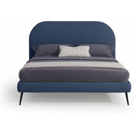 EVERGREENWEB Letto Matrimoniale con Rete a Doghe in Legno 160x190 cm INCLUSA, Testiera Stondata in Tessuto Blu Imbottita, SIDNEY