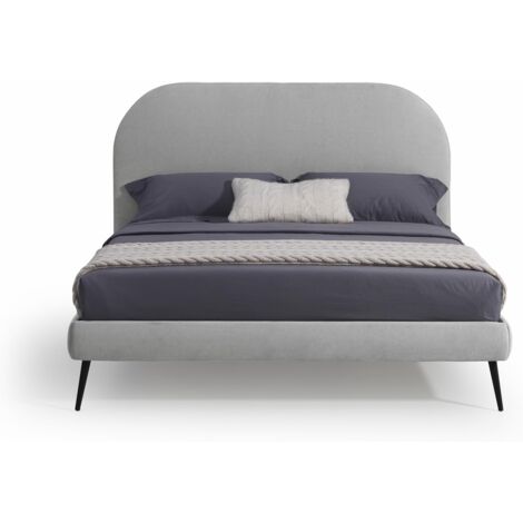 EVERGREENWEB Letto Matrimoniale con Rete a Doghe in Legno 160x190 cm INCLUSA, Testiera Stondata in Tessuto Grigio Imbottita, SIDNEY