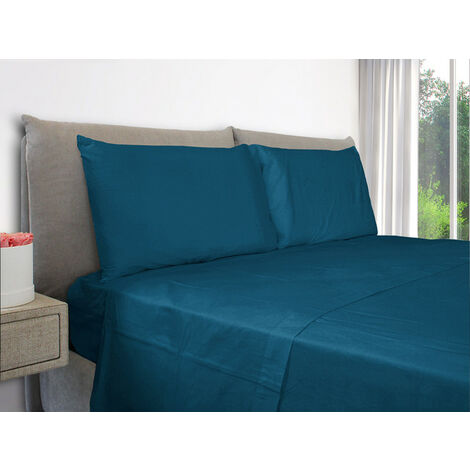 EVERGREENWEB – Set Lenzuola Letto 100% puro cotone – Completo letto Matrimoniale compreso 1 Lenzuolo ad angoli elasticizzati per letto, 1 lenzuolo per letto sopra e 2 federe. Colore Blu