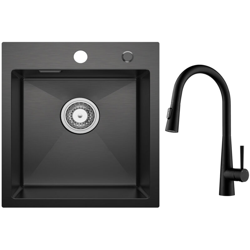Cecipa - vier 1 Bac 40 × 45 cm Noir Évier de Cuisine Évier Inox 304 Montage à Encastrer + Mitigeur de Cuisine avec Douchette Extractible, Robinet de