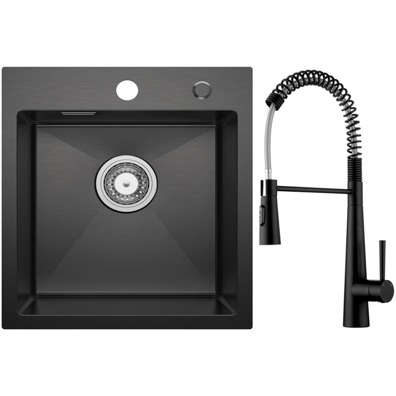 Cecipa Max - vier 1 Bac 40 × 45 cm Noir Évier de Cuisine Évier Inox 304 + Noir Mitigeur Cuisine à Ressort avec 3 Modes de Sortie D'eau