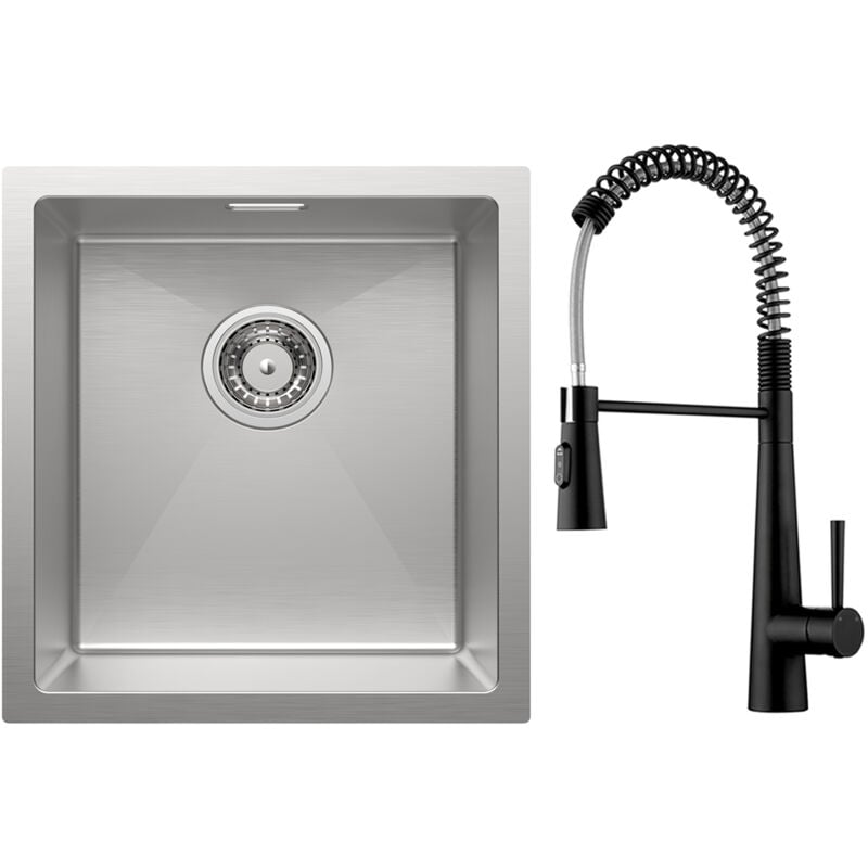 Cecipa Max - vier 1 Bac 40x44cm Évier Inox Brossé Évier de Cuisine + Noir Mitigeur Cuisine à Ressort avec 3 Modes de Sortie D'eau