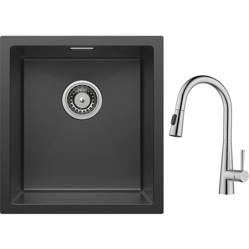 Cecipa Max - vier 1 Bac 40x44cm Noir Évier de Cuisine Évier Inox + Mitigeur de Cuisine avec Douchette Extractible, Robinet de Evier avec 3 Modes de