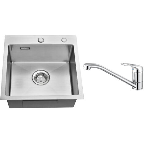 Évier 1 Bac 45x45x19CM Évier à Encastrer en Inox avec Mitigeur de Cuisine Rotatif à 360°, et Ensemble de Drainage