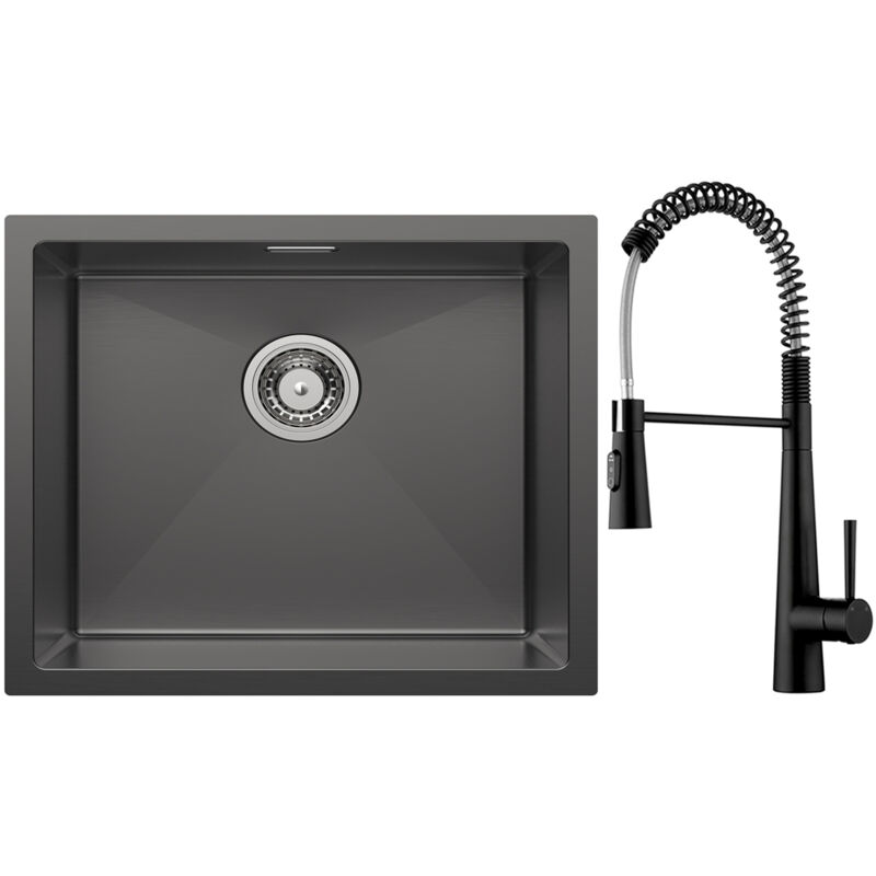 Cecipa Max - vier 1 Bac 5044cm Noir Évier de Cuisine Inox + Noir Mitigeur Cuisine à Ressort avec 3 Modes de Sortie D'eau