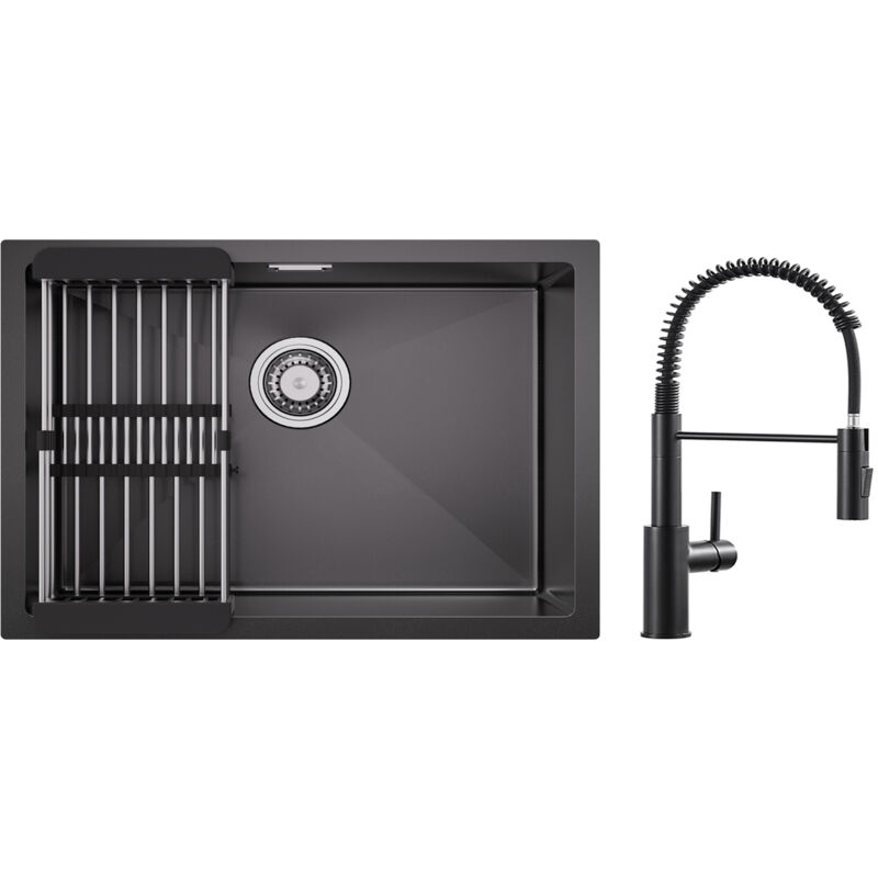 Cecipa Max - vier 1 Bac 60×44CM Évier Cuisine Inox avec Panier de Drainage + Mitigeur de Cuisine à Ressort Noir avec Douchette Extractible