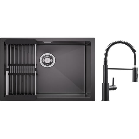 Évier 1 Bac 60×44CM Évier Cuisine Inox avec Panier de Drainage + Mitigeur de Cuisine à Ressort Noir avec Douchette Extractible