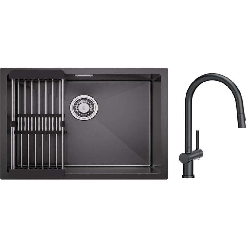 Cecipa Max - vier 1 Bac 60×44CM Évier Cuisine Inox avec Panier de Drainage + Mitigeur de Cuisine avec Douchette Extractible avec 2 Types de Jet Noir