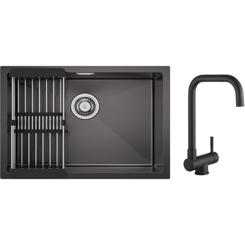 Cecipa Max - vier 1 Bac 60×44CM Évier Cuisine Inox avec Panier de Drainage + Mitigeur Rabattable Robinet Pliable Mitigeur Sous Fenêtre Noir