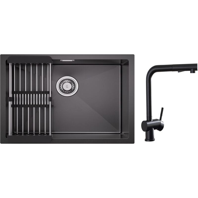 Cecipa Max - vier 1 Bac 60×44CM Évier Cuisine Inox avec Panier de Drainage + Robinets Cuisine avec Douchette Extractible, Mitigeur d'évier Noir