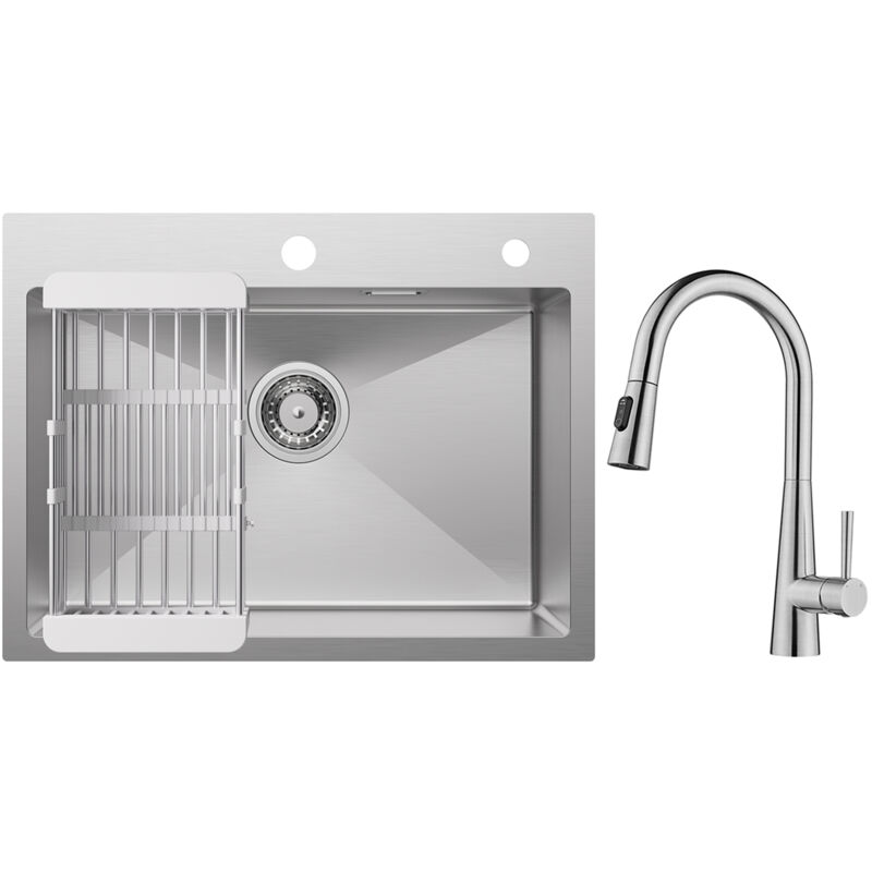 Cecipa Max - vier 1 Bac 60×45cm avec Panier de Drainage Évier de Cuisine Brossé + Mitigeur de Cuisine avec Douchette Extractible, Robinet de Evier