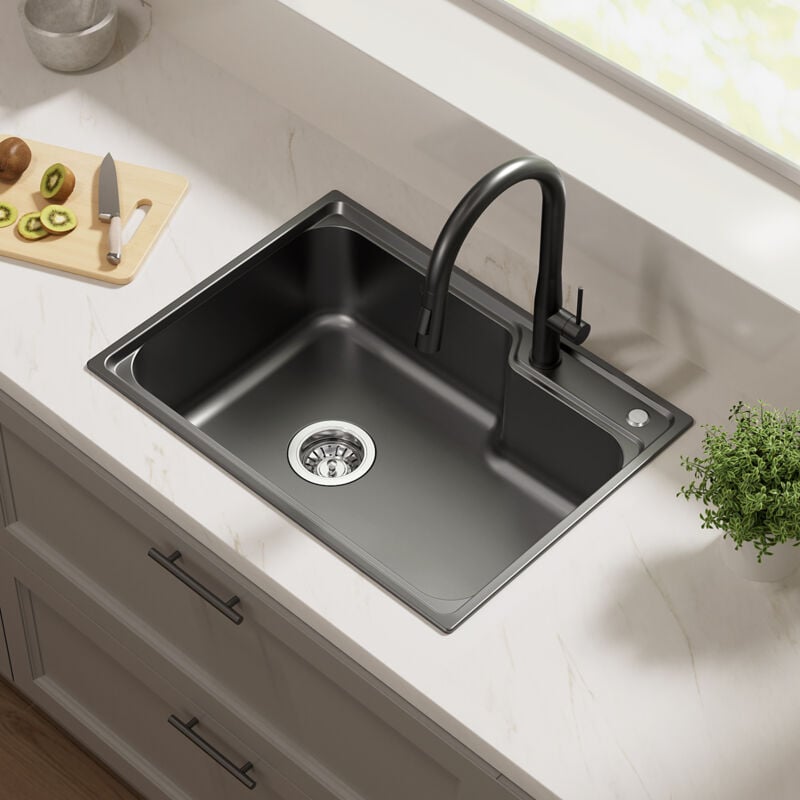 Auralum Max - vier 1 Bac 62x45x21CM Évier Cuisine Gris-noir en Inox avec Système de Drainage, Montage à Encastrer pour Table de 60 cm ou plus