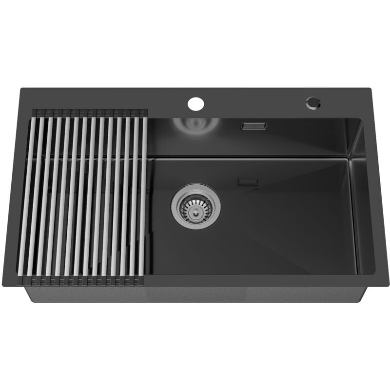 Auralum Max - vier 1 Bac 75x45x19CM en Inox Évier Cuisine Gris-noir avec Égouttoir pliable et Système de Drainag, Convient pour Meuble de 80 cm ou