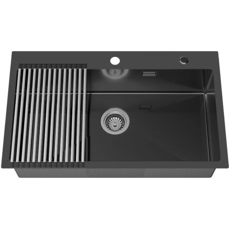 AURALUM MAX Évier 1 Bac 75x45x19CM en Inox Évier Cuisine Gris-noir avec Égouttoir pliable et Système de Drainag, Convient pour Meuble de 80 cm ou plus