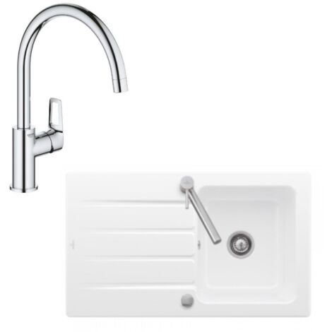 Evier 1 bac 86 x 51 cm VILLEROY ET BOCH Architectura 50 Blanc + Robinet cuisine GROHE Bauloop