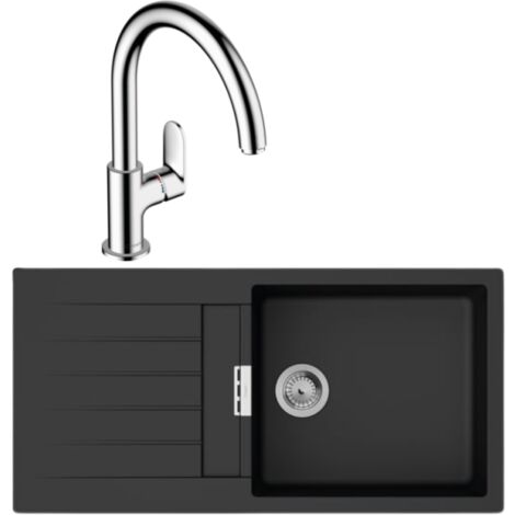 Evier 1 bac 980 HANSGROHE S52 synthèse noir + robinet de cuisine HANSGROHE Vernis Blend M35 210 chromé