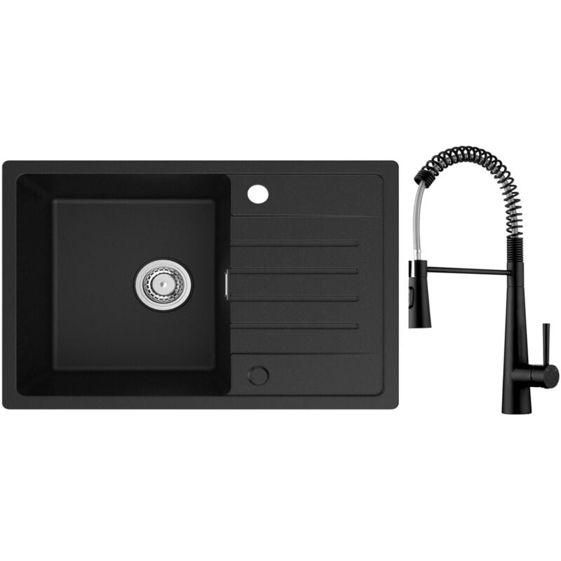 Evier 1 Bac avec Egouttoir, Evier de Cuisine en Quartz et Résine 78x45cm Evier Noir + Noir Mitigeur Cuisine à Ressort avec 3 Modes de Sortie D'eau