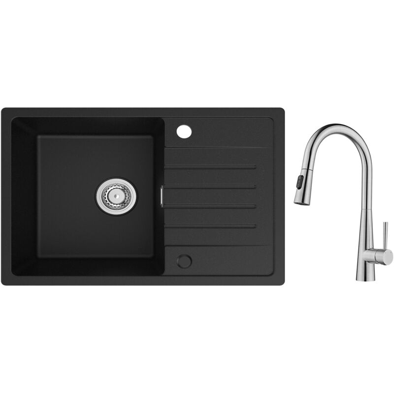 Evier 1 Bac avec Egouttoir, Evier de Cuisine en Quartz et Résine 78x45cm Grande Capacité Evier Noir + Mitigeur de Cuisine avec Douchette Extractible,